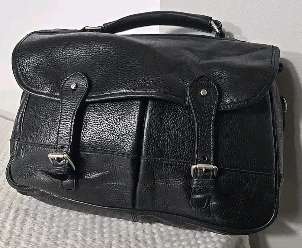 Levenger Made in England Black Pebbled Leather Briefcase Satchel Bag